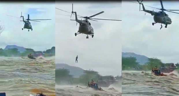 Viral Video: IAF chopper airlifted two men amid heavy floods in Telangana; Watch