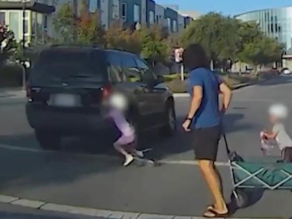 California, San Mateo: SUV almost runs over little girl over crossing road on scooter in horrific viral video; Watch